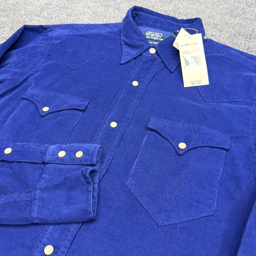 NWT Vtg Polo Ralph Lauren Classic Western Corduroy Shirt Mens M Blue Pearl Snap